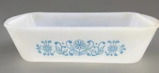 Glasbake Loaf Pan Blue Flowers Floral Pattern Vintage Retro Ovenware Milk Glass