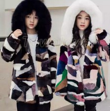 Girls Real Natural Kids Mink Fur Coat with Fox Fur Hood Child Fashion Jacket