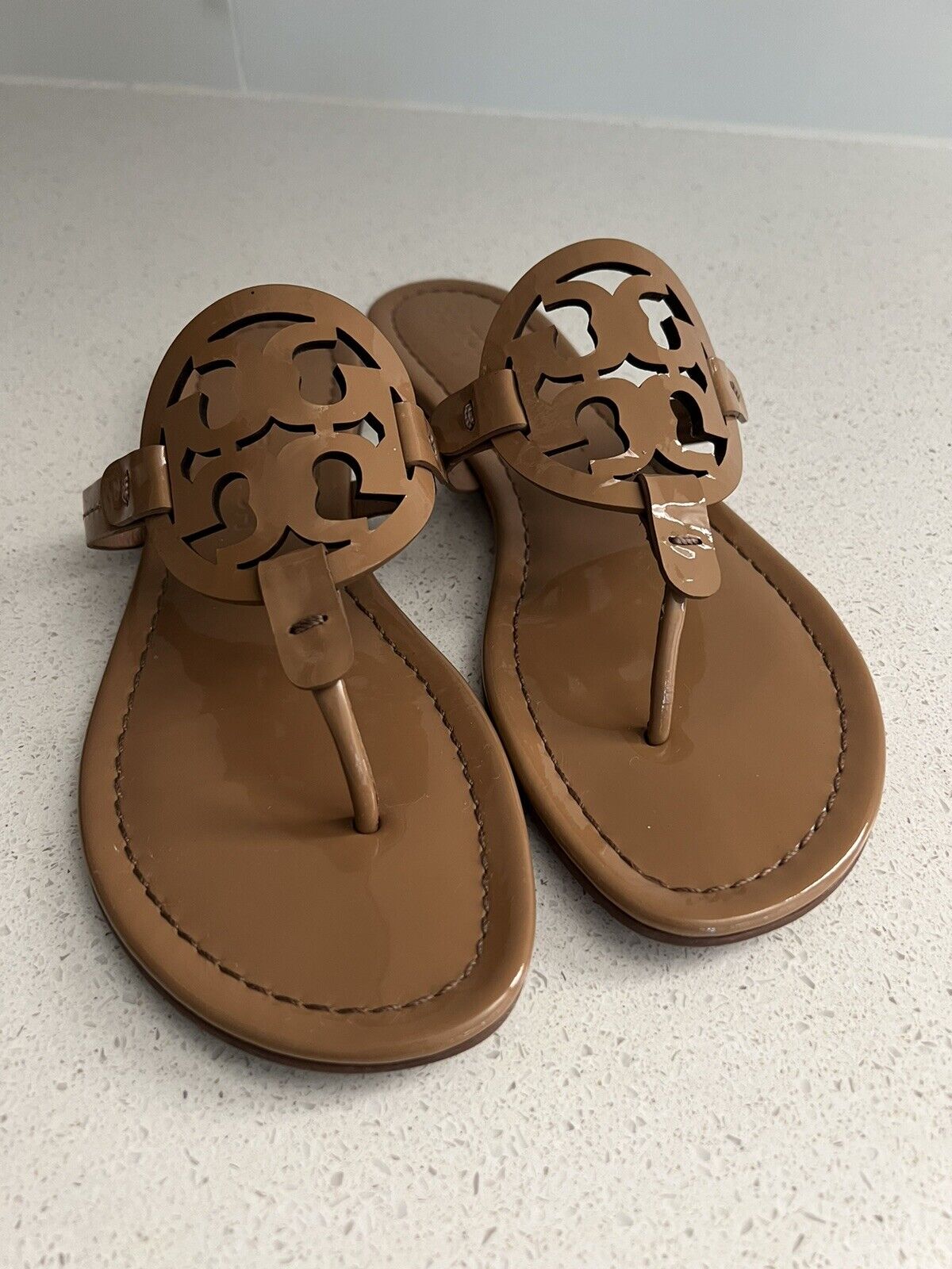 Tory Burch Miller Beige Sand Patent Leather Sandals Flip Flops Women's Size   | eBay