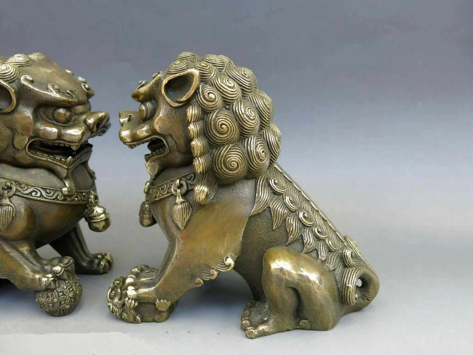 Chinese Brass Copper Animal Feng shui Foo Dog Lion town house Statue pair - Image 4 of 4