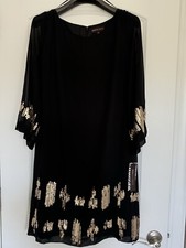 NWT Dana Buchman Womens Size M Black Gold Sequin Tunic Dress Bell Sleeves
