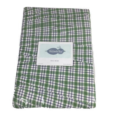 The Land of Nod Full Bed Skirt 100% Cotton Green Blue White Plaid 14.5'' Drop NEW