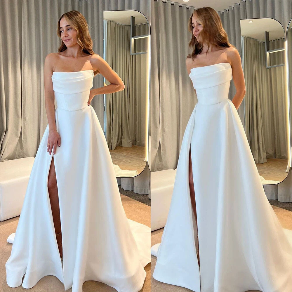 Elegant Strapless Satin Wedding Dresses Sexy High Side Slit Backless Bridal Gown - Picture 1 of 10