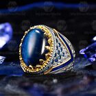 925 Sterling Silver Blue Tiger's Eye Stone Enameled Turkish Men's Ring