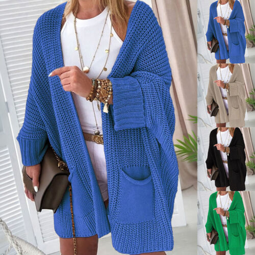 Womens Chunky Knitted Open Front Pockets Sweater Coat Cardigan Loose Tops Coats