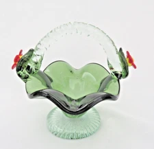 Green Art Glass Basket w/ Flowers  Pin / Ring Dish