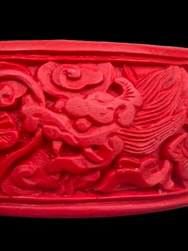 Vintage Lot of 2 Cinnabar Carved Bangle Bracelets Large Small Dragon Flowers Box - Picture 1 of 16