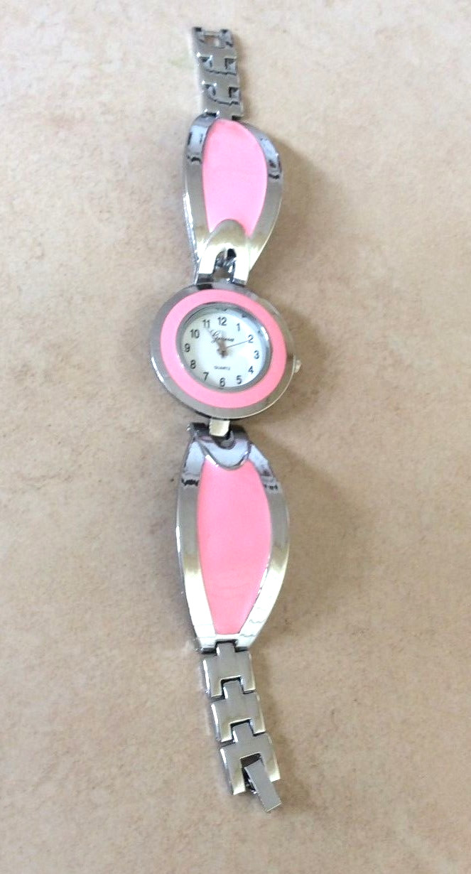 Geneva Womens Watch Round White Dial on Pink & Silver Linked Band New Beauty!