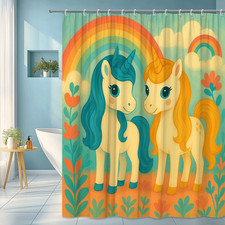 Cute Unicorn Shower Curtain with Rainbow and Floral Pattern