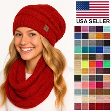 C.C 2pc Women Winter Warm Thick Oversized Cable Knit Slouchy Beanie & Scarf Set