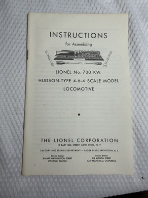 Original Lionel 700 KW Hudson-Type 4-6-4 Scale Locomotive Instruction Manual