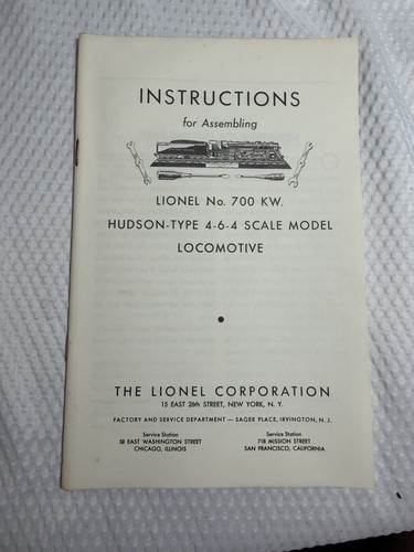 Original Lionel 700 KW Hudson-Type 4-6-4 Scale Locomotive Instruction Manual