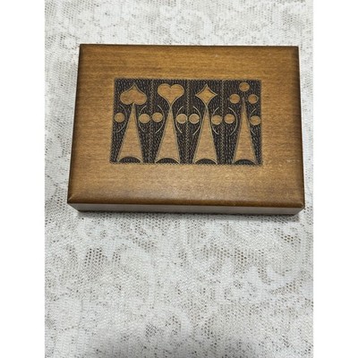 Vintage Wooden Keepsake Box Carved Playing Card Suits Organizer Hinged Lid
