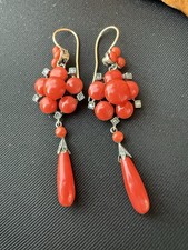 Antique 9ct gold and Silver Red Coral and Diamond Earrings