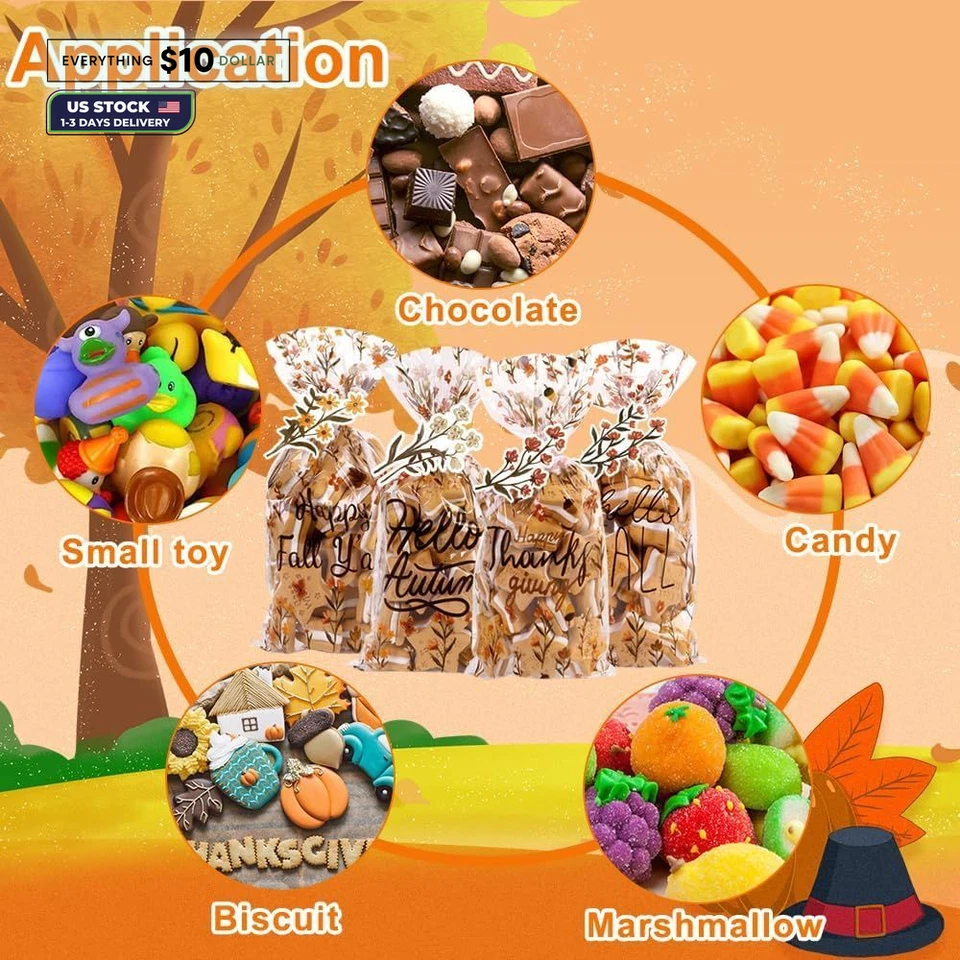 JOICEE 120 PCS Fall Cellophane Treat Bags, 1 Count (Pack of 120), Brown Foto 4 de 4