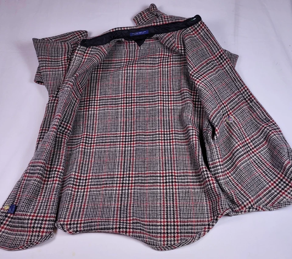 Camisa masculina vintage Tommy Hilfiger M/M preta vermelha lã xadrez Houndstooth anos 90 brasão - Imagem 4 de 4