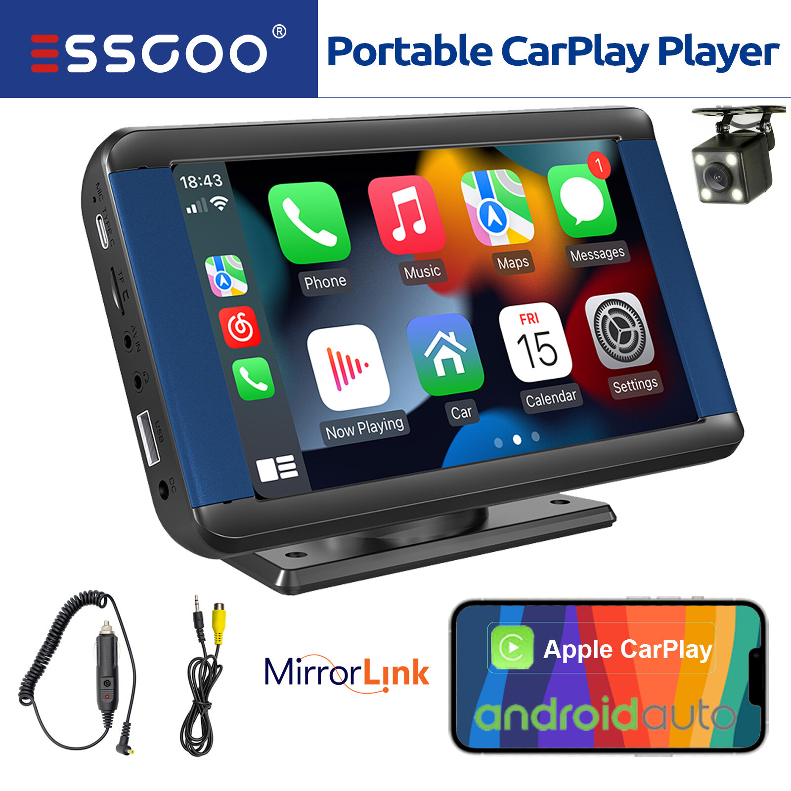 ESSGOO 7" Portable Wireless Apple Carplay Android Auto Play Car Radio w