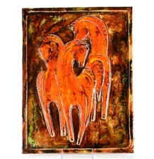 Vintage Ruscha Handgemalt Art Tile Plaque of Horses (Raised 3D Relief) - # 959