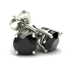 1 Ct Round Heat Treated Black Diamond 14K White Or Yellow Gold Studs Earrings