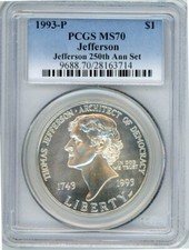 1993P THOMAS JEFFERSON COMMEMORATIVE DOLLAR PCGS MS70 Cert. 28163714