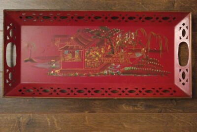 E.T. Nash And Co. N.Y. Hand Painted Pierced Metal Serving Tray With Asian Design