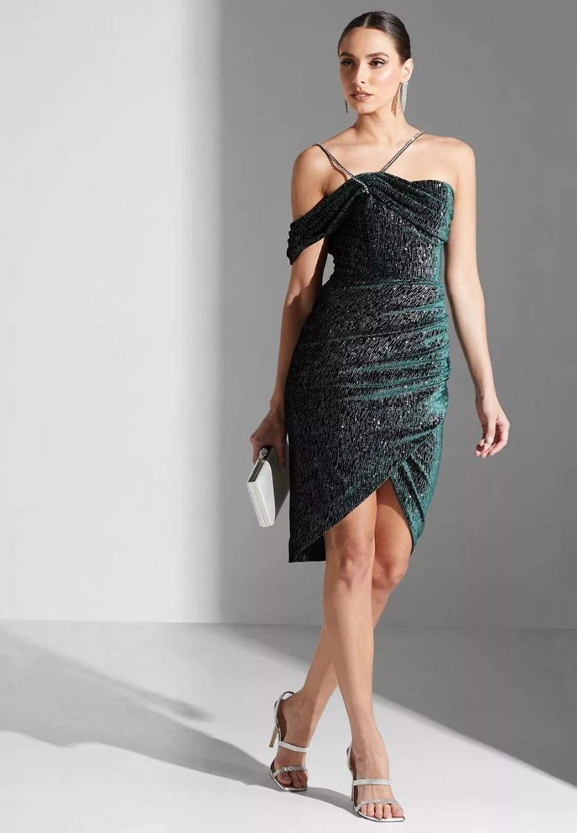 NEW LAVISH ALICE EMERALD GREEN SHIMMER VELVET MIDI DRESS WITH