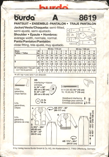 Burda 8619 Size 8-18 Misses' Pantsuit Sewing Pattern Uncut - Picture 3 of 3