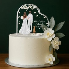 Personalized Bride Groom with Dogs Cats Acrylic Heart Wedding Cake Topper Gift