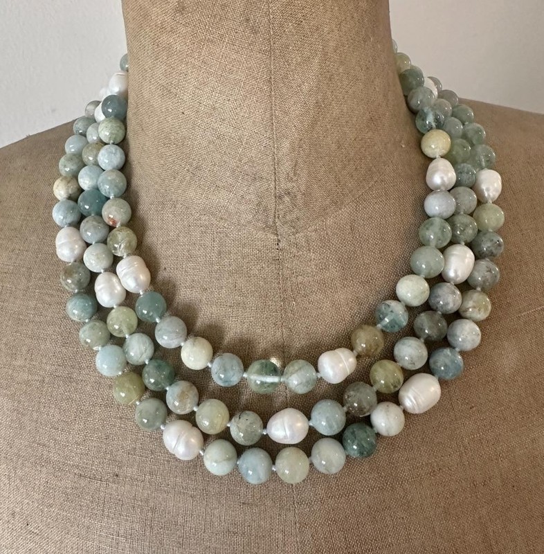 Aquamarine Baroque Pearl Triple Strand Necklace 11mm Beads Chinese Medallion