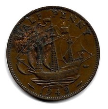 2271 1949 UK George VI Half Penny Three Masted Ship Coin KM#868