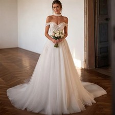 Luxury Off Shoulder Wedding Dresses Pearls Sweep Train Glitter Tulle Bridal Gown