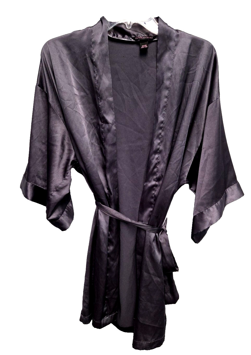 Victoria Secret Size S/M Dark Gray Satin Kimono Style Short Knee Length Robe Tie