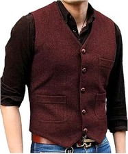 Mens Vintage Tweed Suit Vest V Neck Casual Wool Waistcoat for X-Small Burgundy