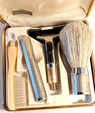 ANTICO SET DA BARBA IN ARGENTO 925-RASOIO-PENNELLO-SPAZZOLINO-VINTAGE-COFANETTO