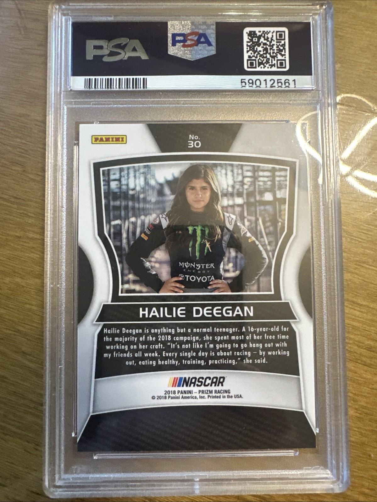2018 Panini Prizm Racing 30 Hailie Deegan RC Rookie Toyota Monster PSA 10 GEM MT view 2