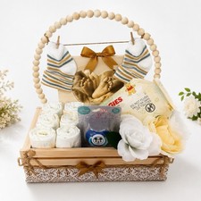 Huggies Baby Gift Basket Set w/ Diapers, Socks  Pacifier Wood Basket 
