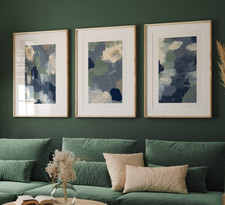 Blue & Green Abstract Wall Art, Living Room Prints, Above Bed Set of 3, Unframed