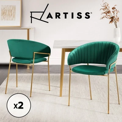 Artiss 2x Dining Chairs Armchair Cafe Chair Kitchen Velvet Hollow Back Green - image 1 of 4