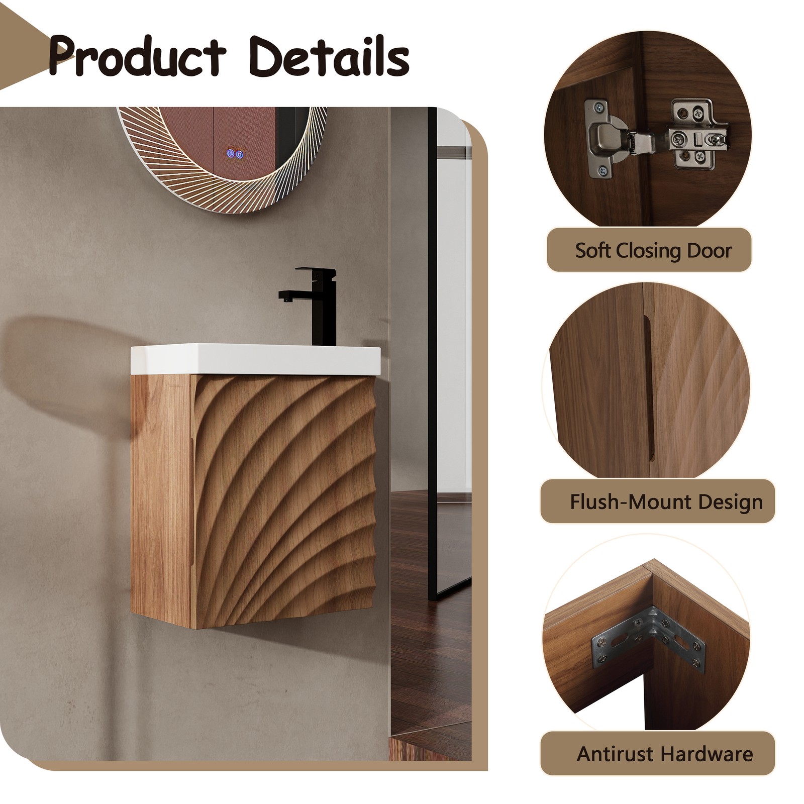 Wall-Mounted Bathroom Vanity w/Resin Sink, Storage Cabinet w/Soft Closed Door