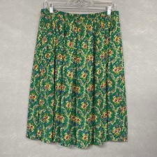 VTG Floral Pleated Skirt Women s Twee Green Flowy Elastic Waist Leslie Fay 90s