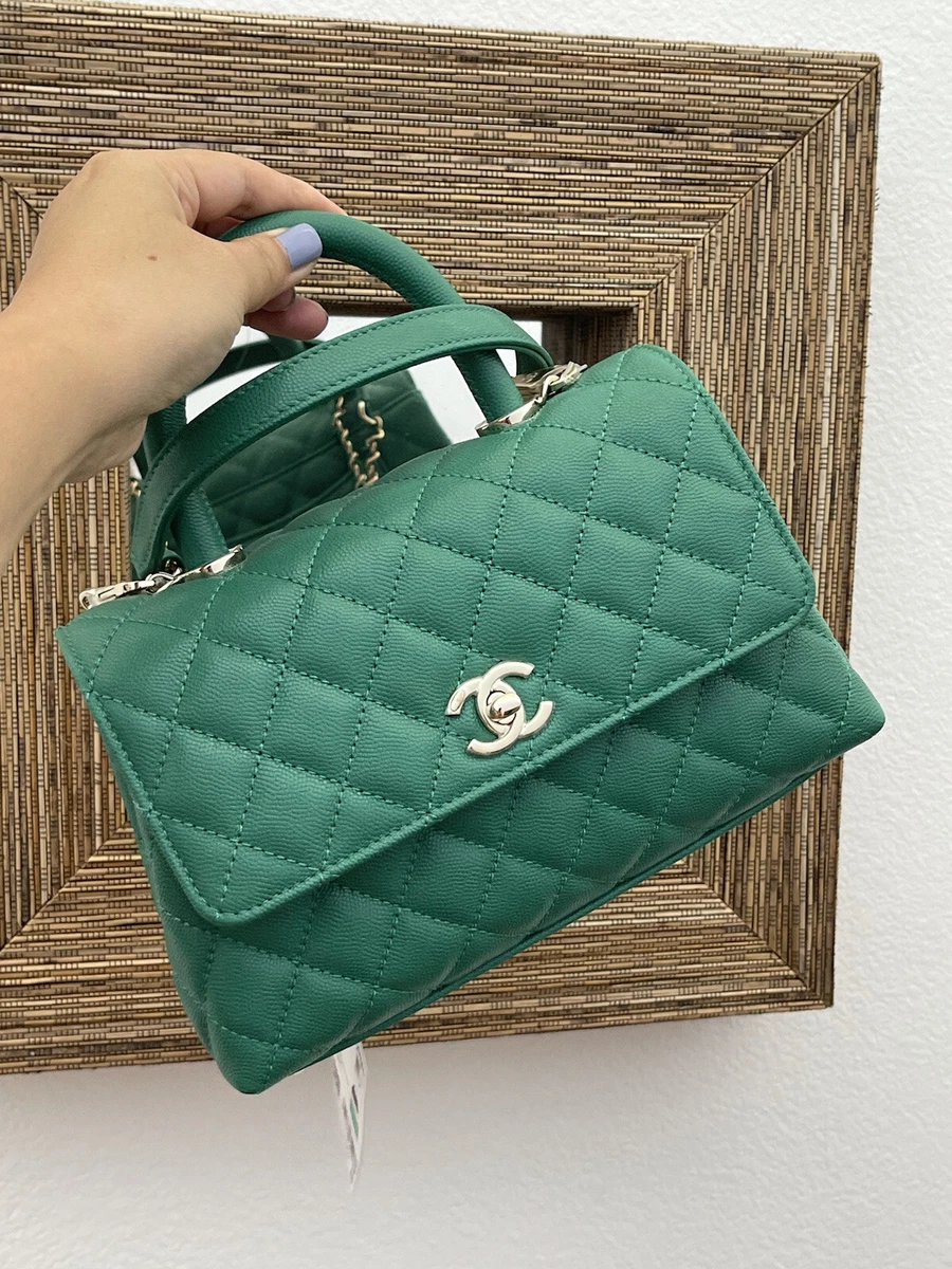 Chanel Small Coco Handle Flap Bag Green Caviar Light Gold Hardware