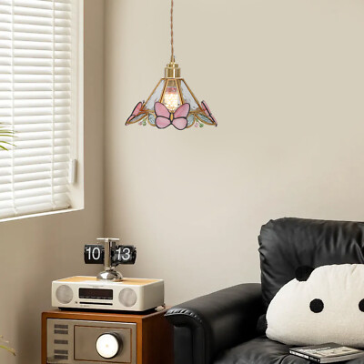 Mini Pink Butterfly Pendant Light 8.6 Inches Wide Stained Glass Hanging Lamp