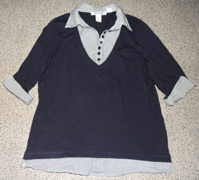 Damen Shirt 3/4Arm Dunkelblau/Weiß Lagenlook Kragen Gr. 42 Collection L.