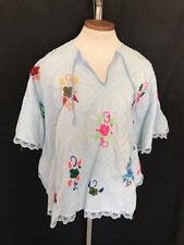 Mexican Hand Embroidered Cotton Pin Tuck and Lace Blouse Baby Blue