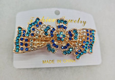 BEAUTIFUL WOMANS ENAMEL RHINESTONE METAL BARRETTE Blue Rhinestones Rose Gold