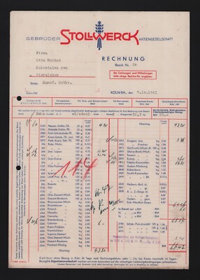 Cologne, invoice 1941, Gebrüder Stollwerck AG milk chocolate chocolates