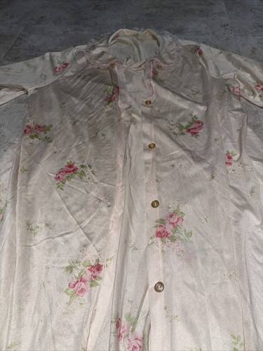 Vintage Elegant Light Pink Floral Women’s Satin Lace Night Gown Robe Voe Mode - Picture 3 of 14