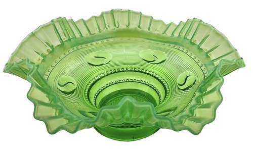 Antique Jefferson Green Glass Bowl Swirls & Opalescent Ruffled Rim 8.5”