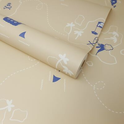 Kinder Jungen Beige und Blau Maritim Meer Piraten Schatzkarte Tapete