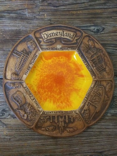 Vintage Disneyland Attraktionen Keramik Glas orange braun Schmuck Schale USA OG Etikett - Bild 1 von 9